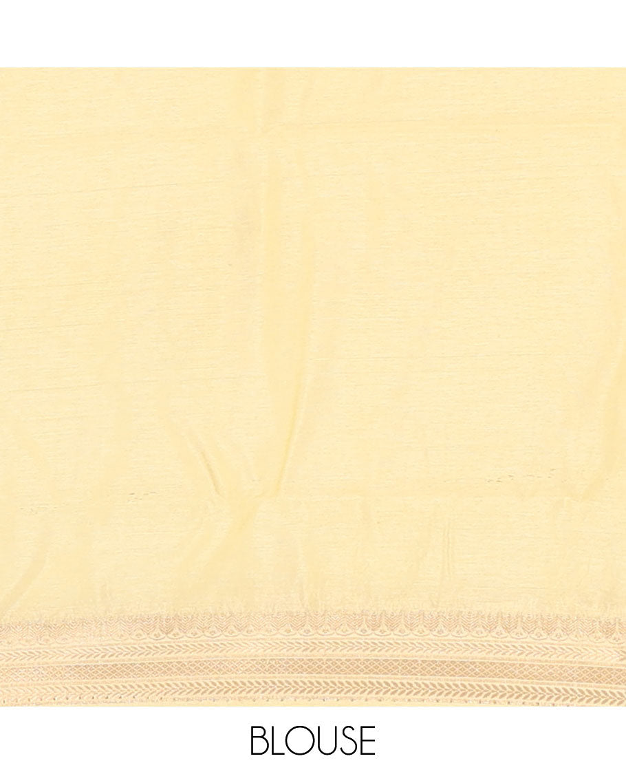 Green floral buttas raw mango silk saree, contrast traditional zari design border, and intricate pallu