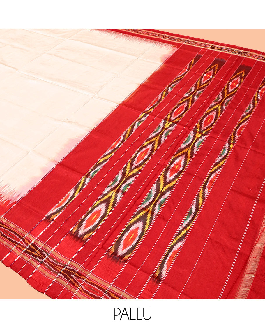 Cream Plain Pochampally Ikat Silk Saree, Complemented by a Contrast Ikat Textured Border, Ikat Pallu, and No Blouse