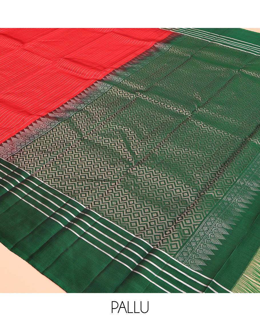Red Kanchipuram Silk Saree, Subtly Sparkled with Stripes, a Contrast Checked Border of Peacock Buttas, Grand Jaal Pallu, and a Contrast Blouse