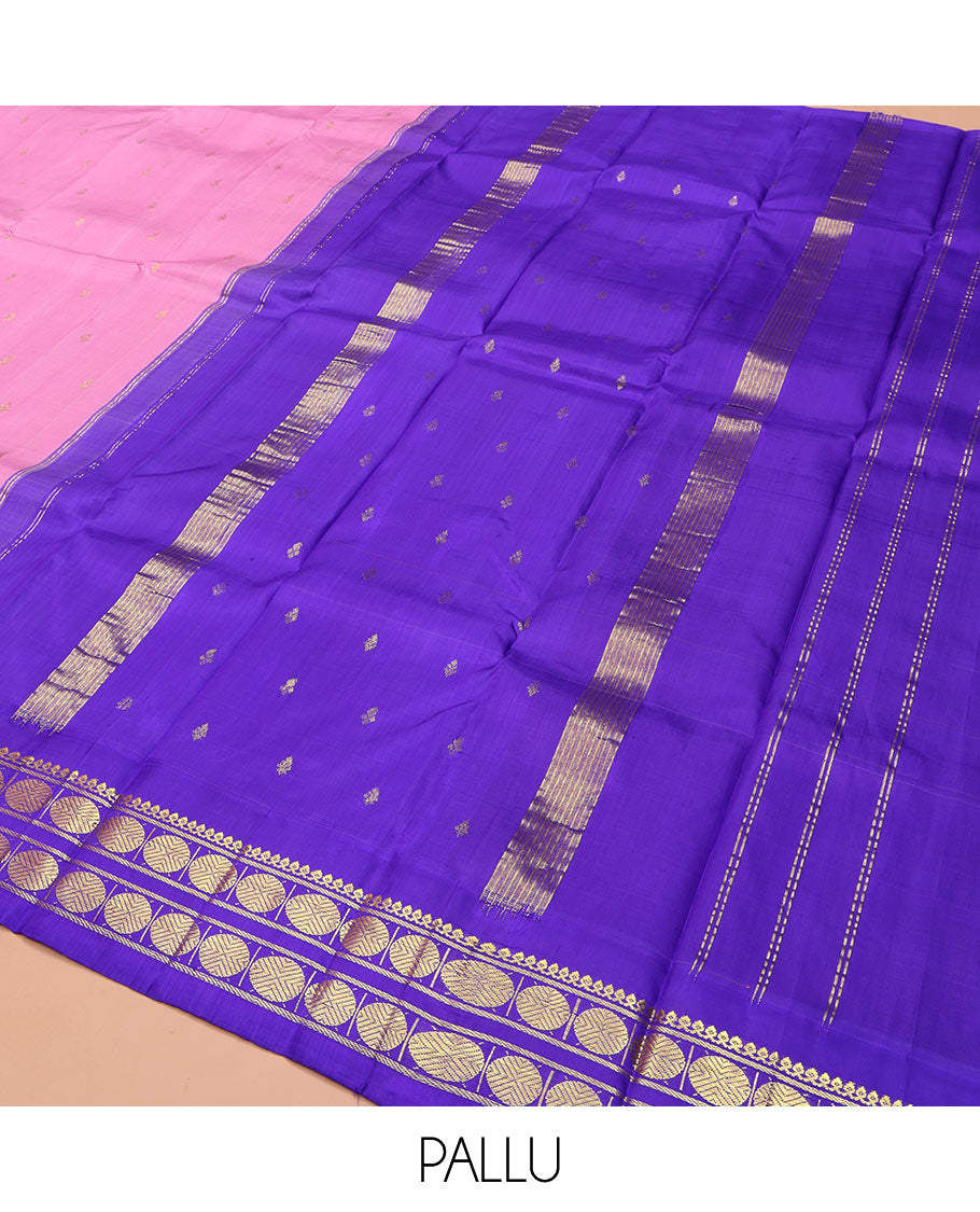 Rosemilk Pink Kanchipuram Silk Saree, Graced with Zari Buttas on Its Body, Complemented by a Contrast One-Sided Korvai Border of Thilakam Mokku, Banaras, and Poun Designs, Pallu of Zari Designs, and Comes Without a Blouse