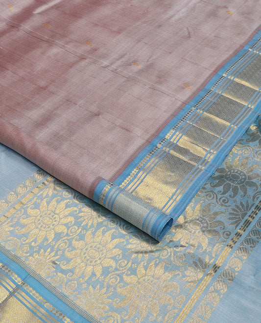 Brown zari buttas Kanchipuram silk saree, contrast one-sided korvai border of panner sombu,banaras & jaal & floral design pallu