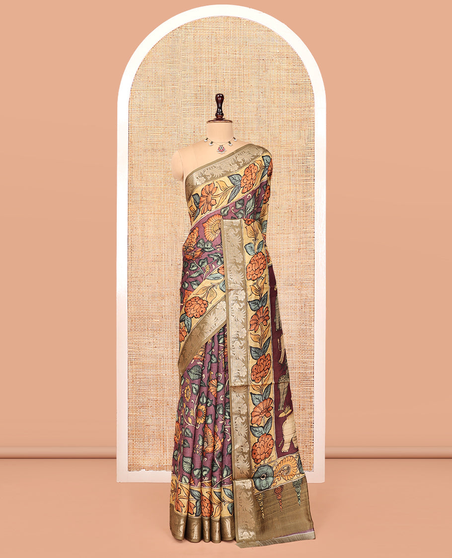 Brown Kalamkari Printed Semi-Banarasi Tussar Saree, Boldly Accentuated with Flora-Fauna Motifs, Contrast Border, Pallu of Fauna Motifs, and a Matching Blouse