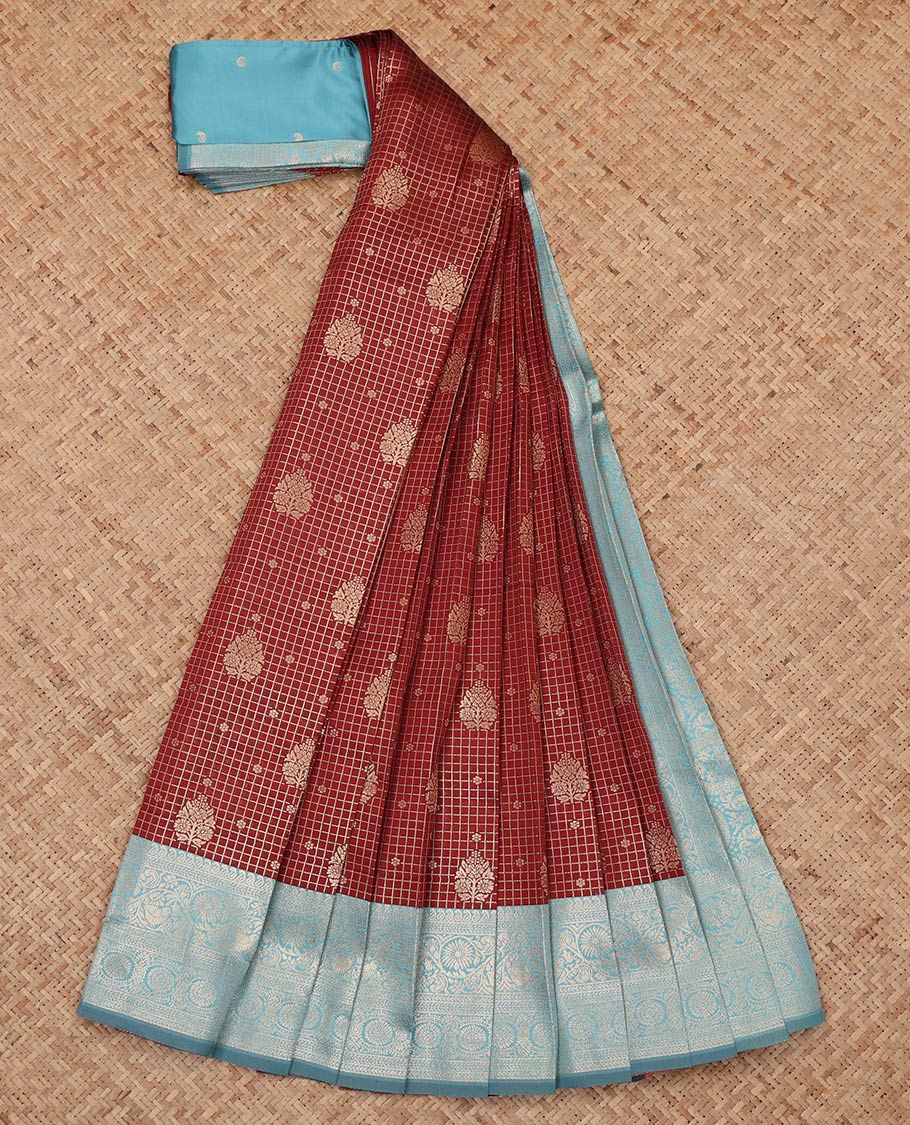Maroon Litchi Saree, Bedecked with Zari Buttas and Checks, a Contrast Traditional Zari Border, Grand Pallu, and a Contrast Blouse