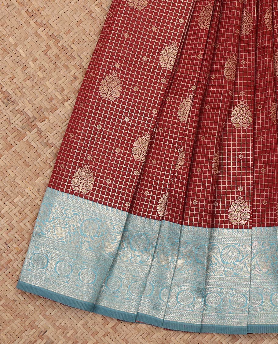 Maroon Litchi Saree, Bedecked with Zari Buttas and Checks, a Contrast Traditional Zari Border, Grand Pallu, and a Contrast Blouse
