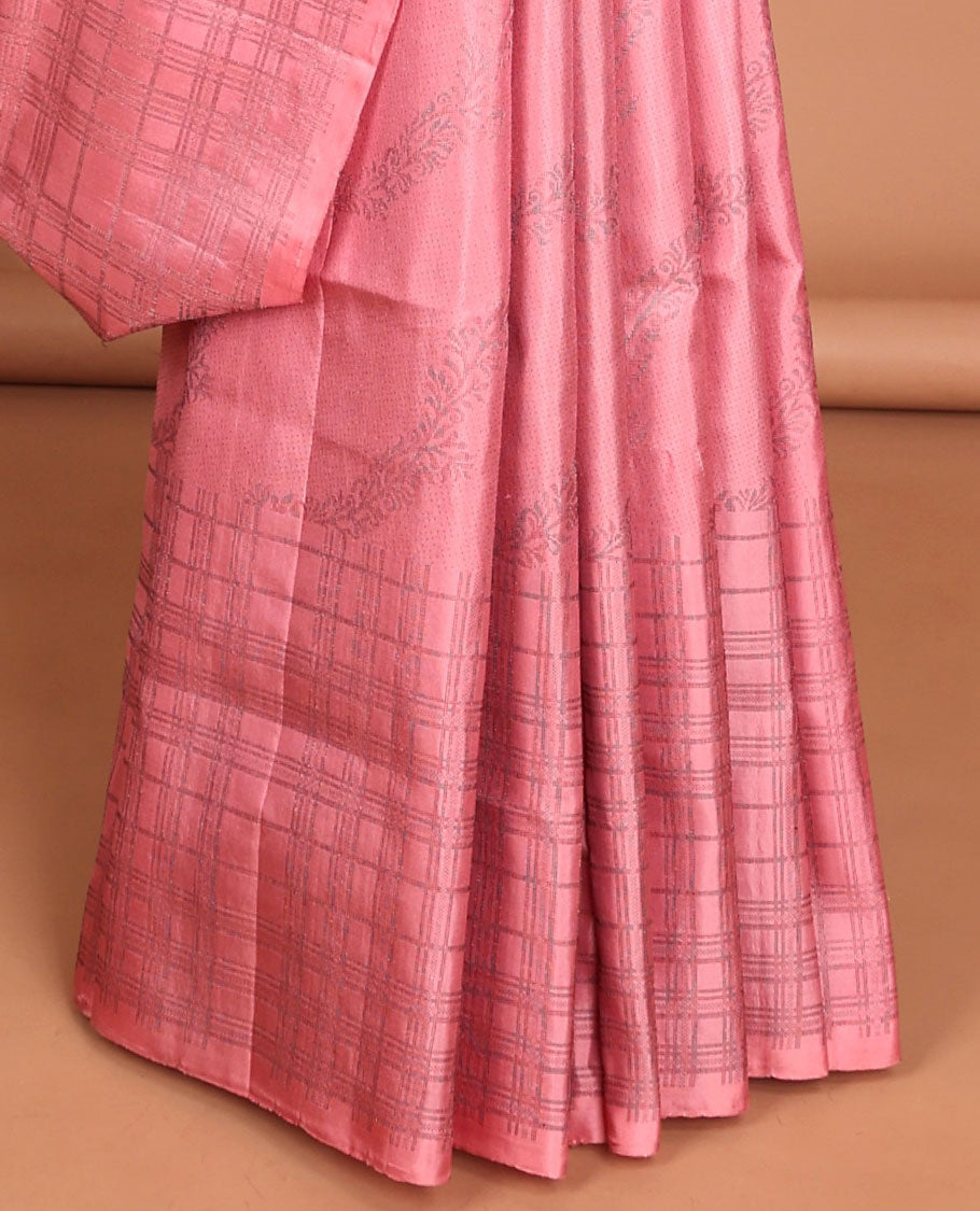 Pink diagonal floral creeper soft silk saree, checked design border & contrast pallu of jaal designs