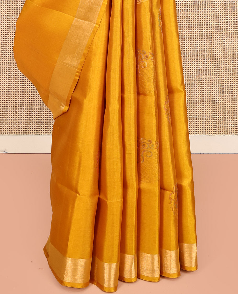 Yellow Mayuri Lite Silk Mix Saree, Sparsely Woven with Zari Buttas, Highlighted by Zari Bavanji Border, Intricate Pallu, and a Contrast Blouse