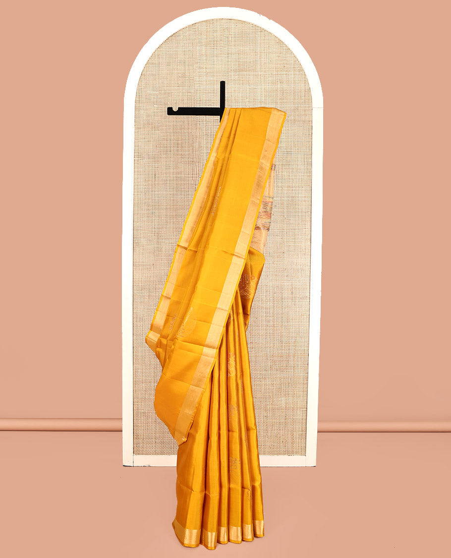 Yellow Mayuri Lite Silk Mix Saree, Sparsely Woven with Zari Buttas, Highlighted by Zari Bavanji Border, Intricate Pallu, and a Contrast Blouse