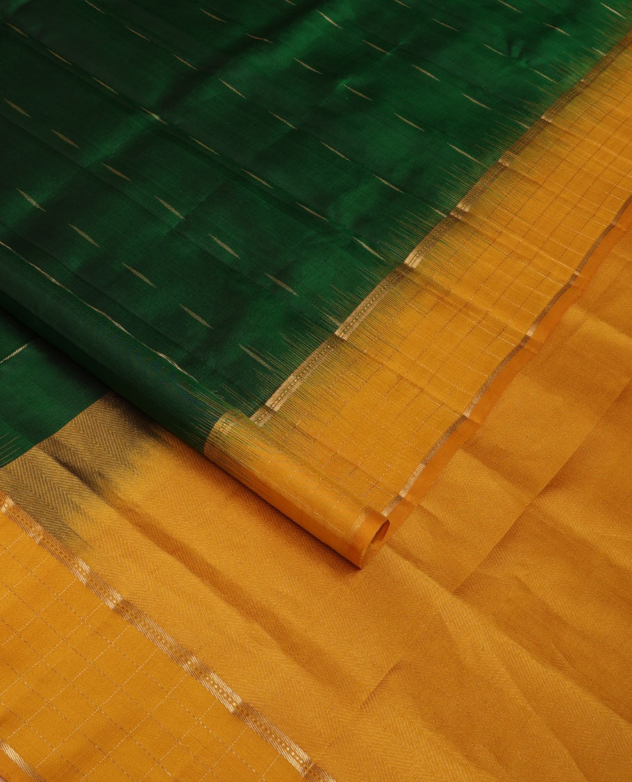 Green malli mokku buttas soft silk saree, contrast zari checked border of banaras & muthu designs & chevron pallu