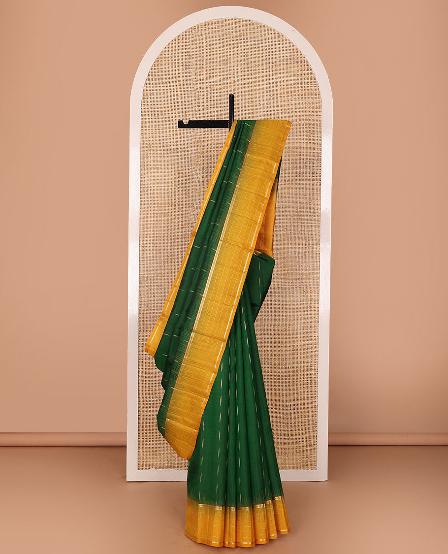 Green malli mokku buttas soft silk saree, contrast zari checked border of banaras & muthu designs & chevron pallu