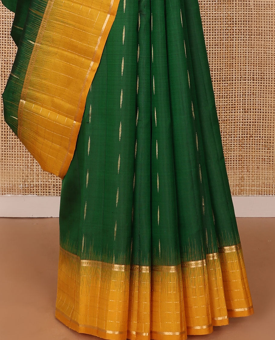 Green malli mokku buttas soft silk saree, contrast zari checked border of banaras & muthu designs & chevron pallu