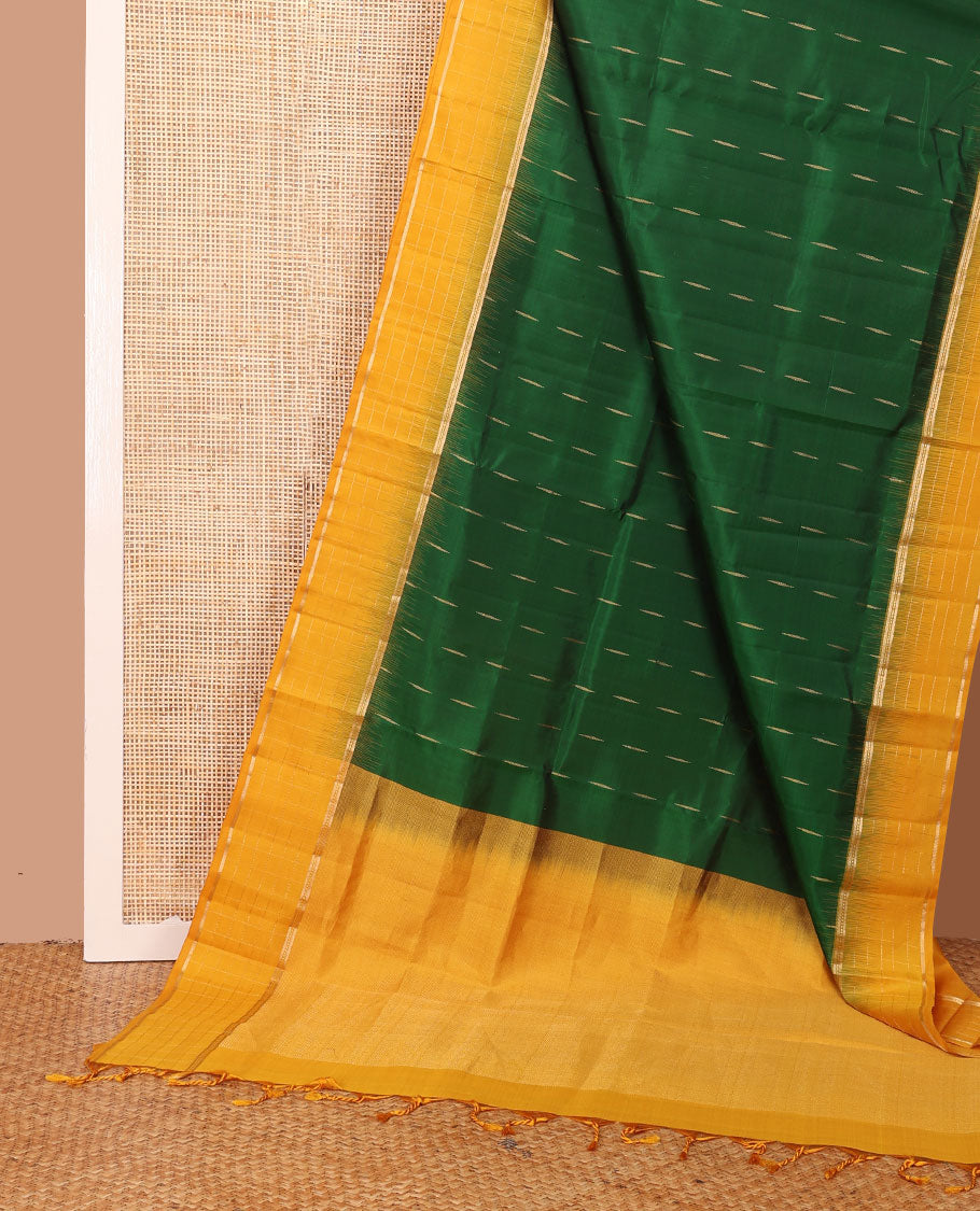 Green malli mokku buttas soft silk saree, contrast zari checked border of banaras & muthu designs & chevron pallu