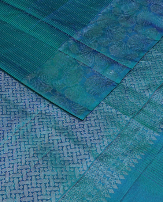 Blue vertical & horizontal striped soft silk saree, leaf motifs border & geometric patterned pallu