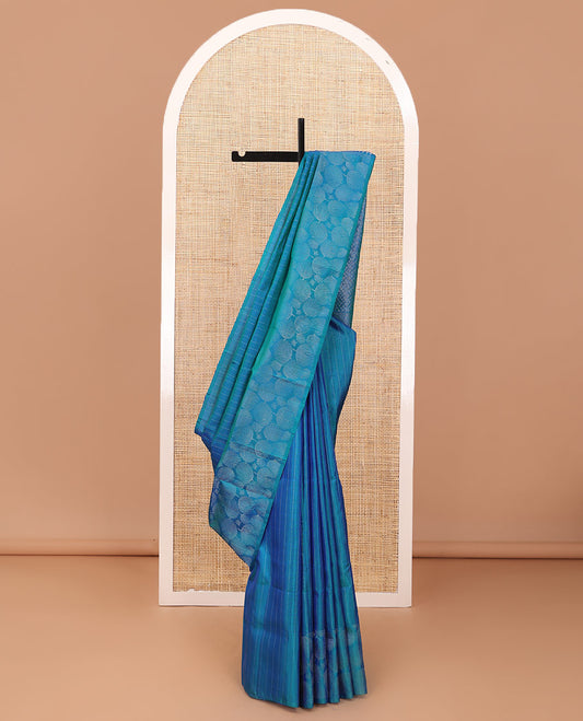 Blue vertical & horizontal striped soft silk saree, leaf motifs border & geometric patterned pallu