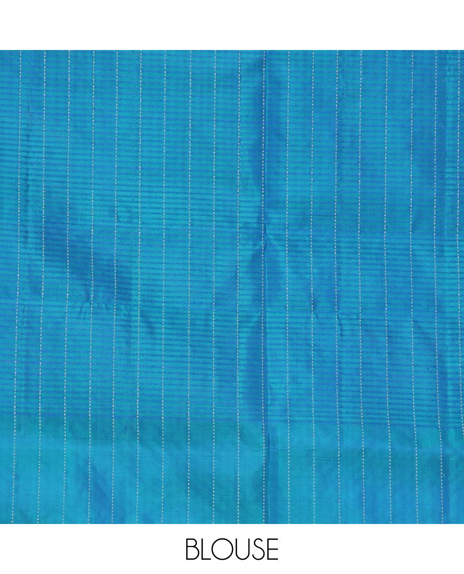 Blue vertical & horizontal striped soft silk saree, leaf motifs border & geometric patterned pallu