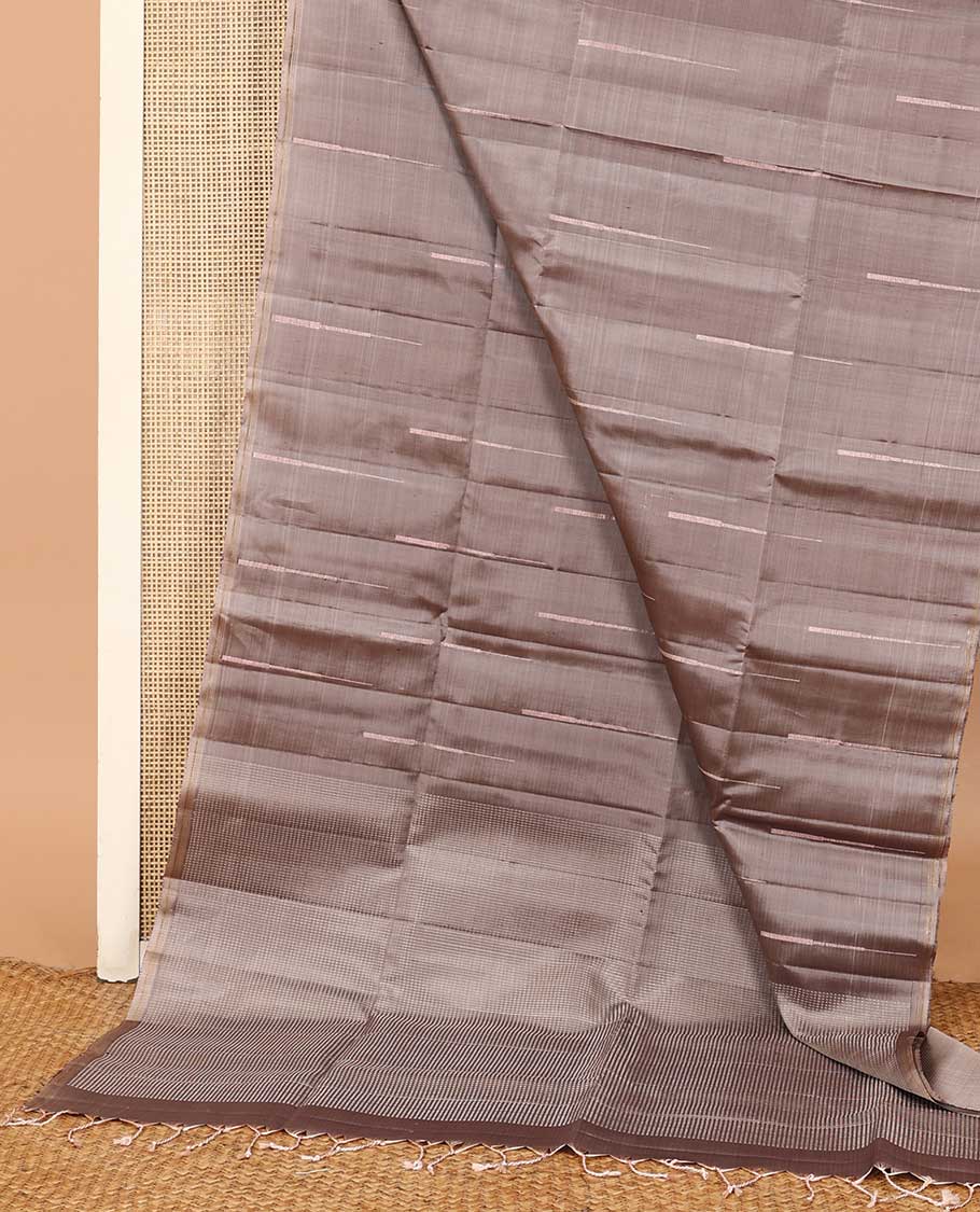 Borderless brown temple zari buttas soft silk saree, zari-rich checked pallu