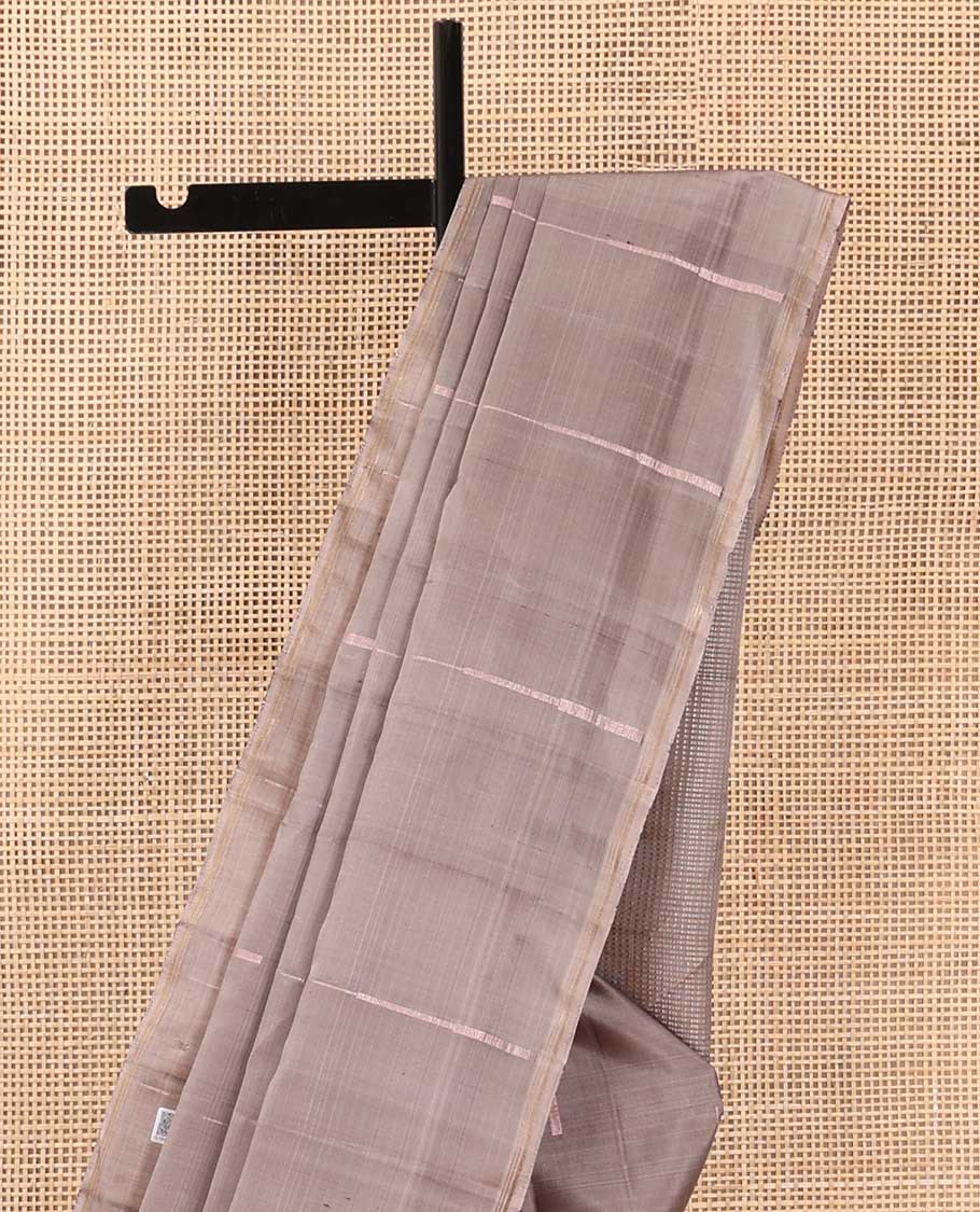 Borderless brown temple zari buttas soft silk saree, zari-rich checked pallu