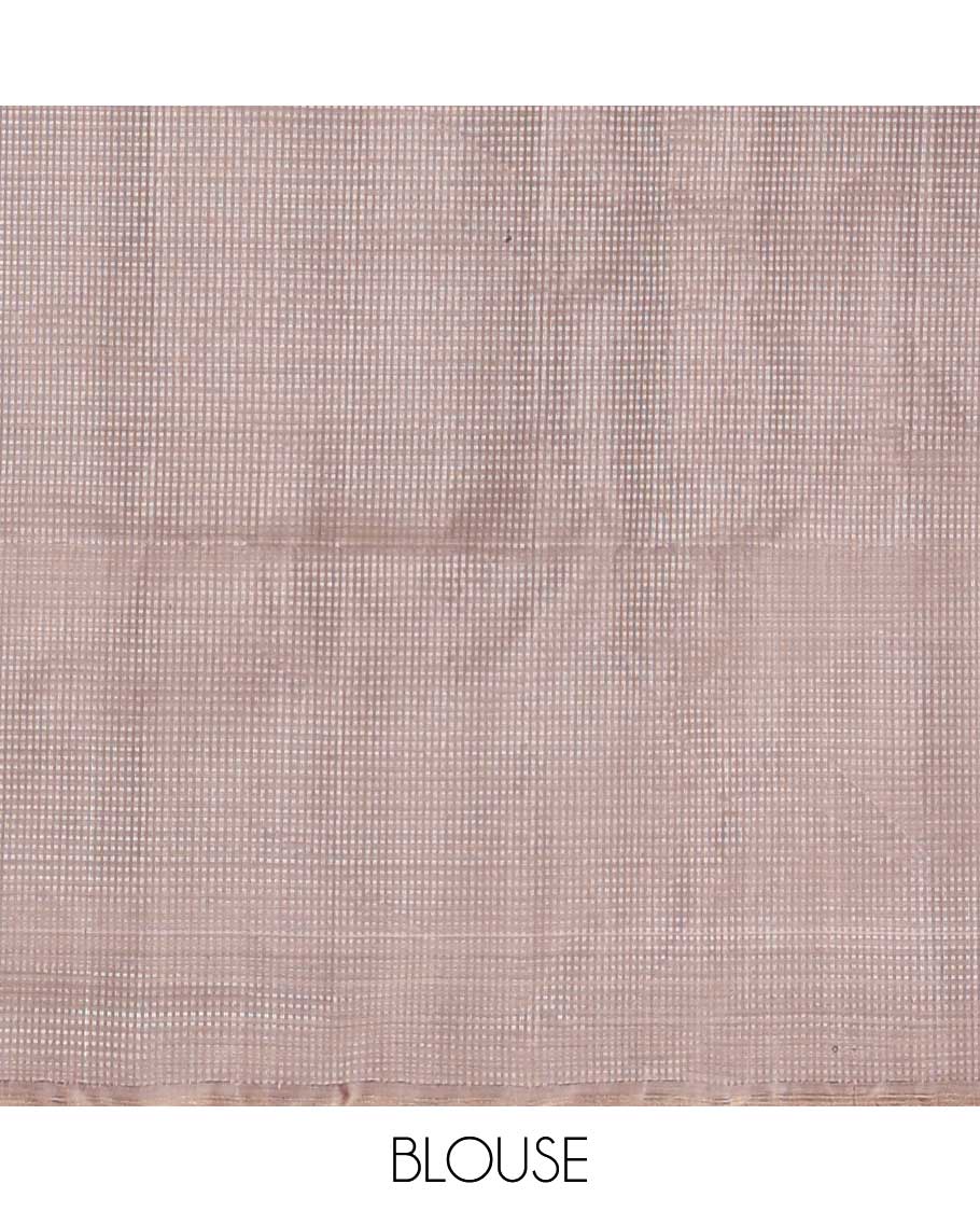 Borderless brown temple zari buttas soft silk saree, zari-rich checked pallu