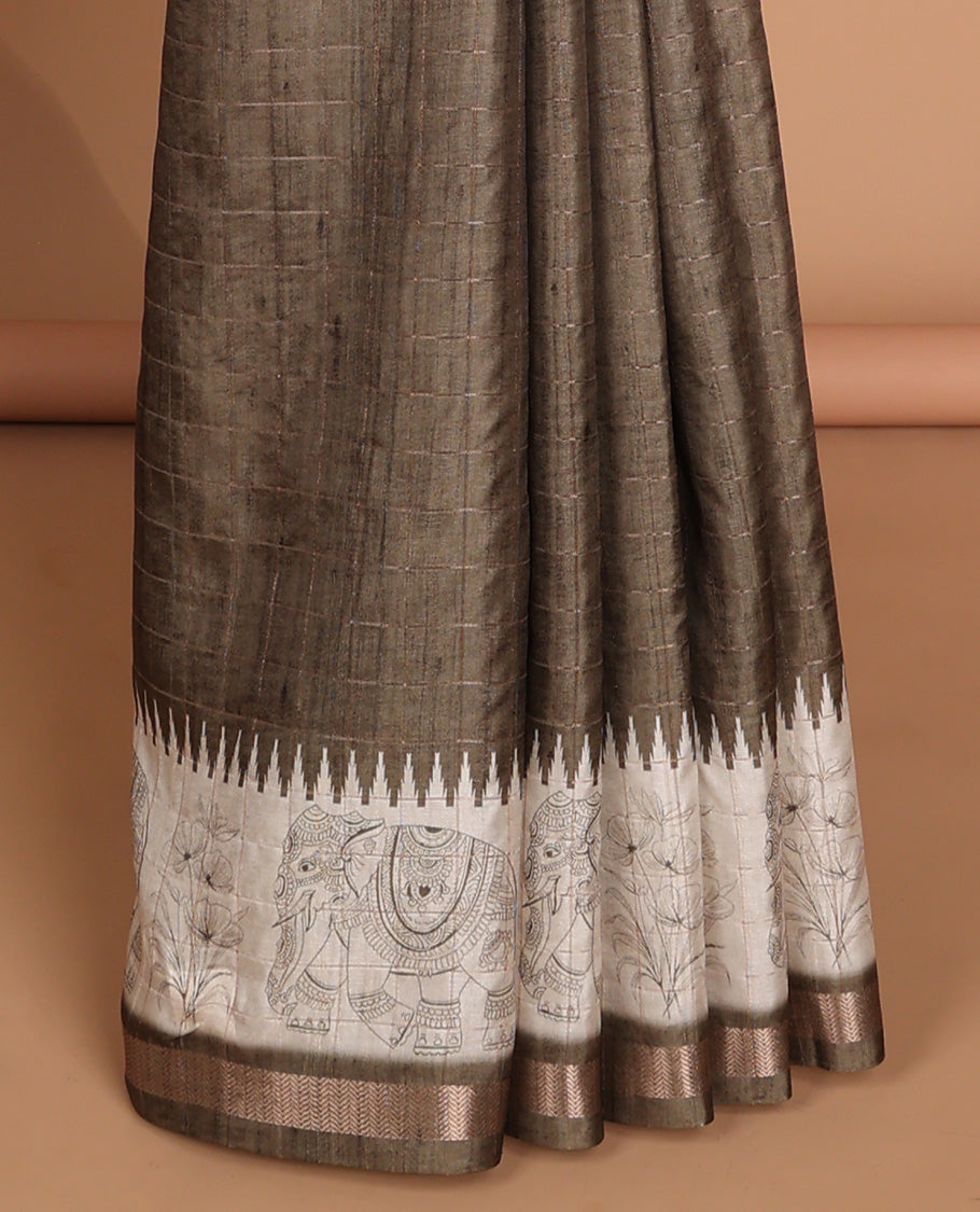 Olive green all-over copper zari checks design semi tussar saree with floral, elepgant design, copper zari jacqaurd border & linnnin chip pallu along with self ajrackprinted checks blouse