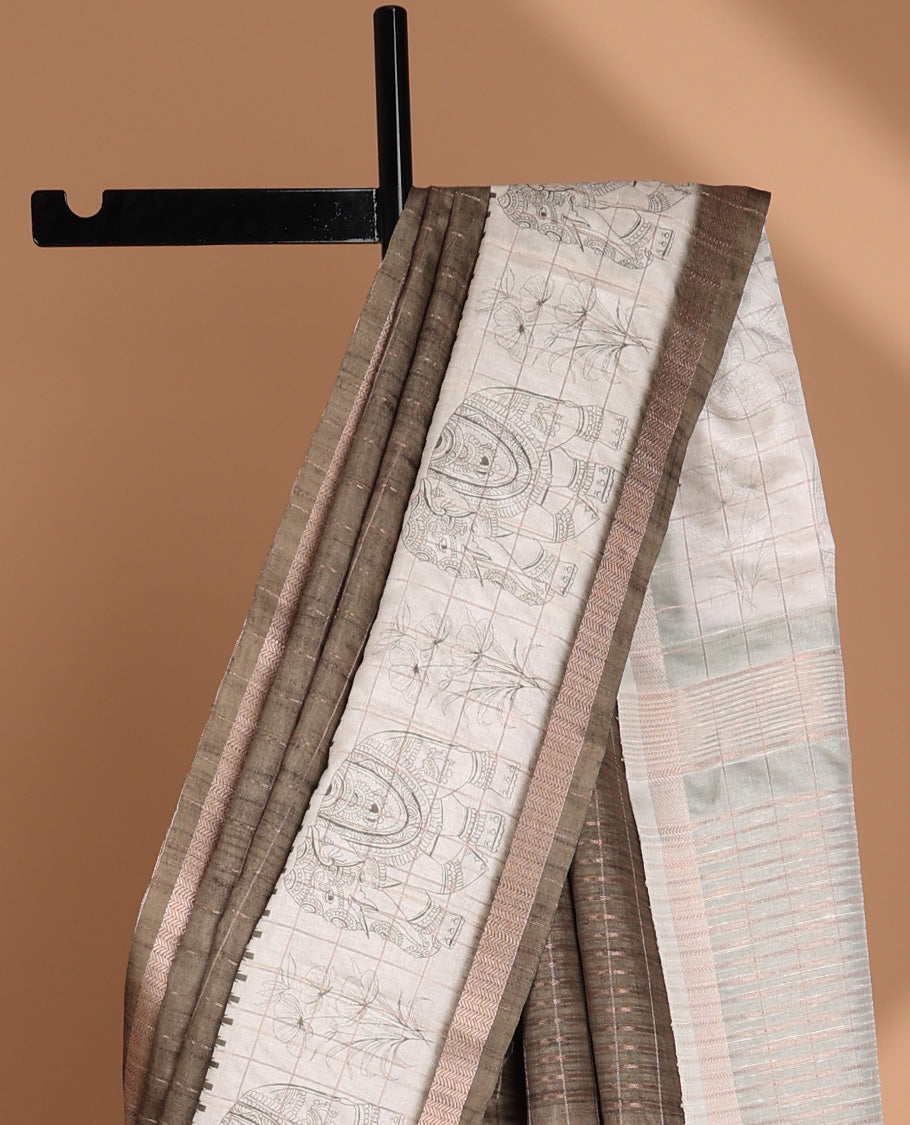 Olive green all-over copper zari checks design semi tussar saree with floral, elepgant design, copper zari jacqaurd border & linnnin chip pallu along with self ajrackprinted checks blouse