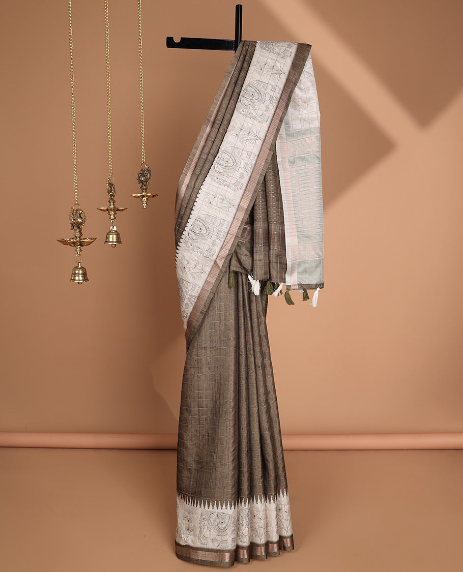 Olive green all-over copper zari checks design semi tussar saree with floral, elepgant design, copper zari jacqaurd border & linnnin chip pallu along with self ajrackprinted checks blouse