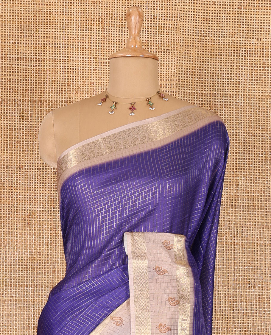 Violet gold zari checked katan silk saree with contrast traditional zari border of peacock print, peacock printed pallu, and contrast printed blouse