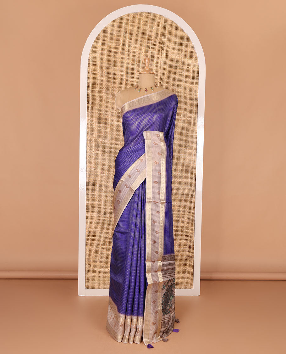 Violet gold zari checked katan silk saree with contrast traditional zari border of peacock print, peacock printed pallu, and contrast printed blouse