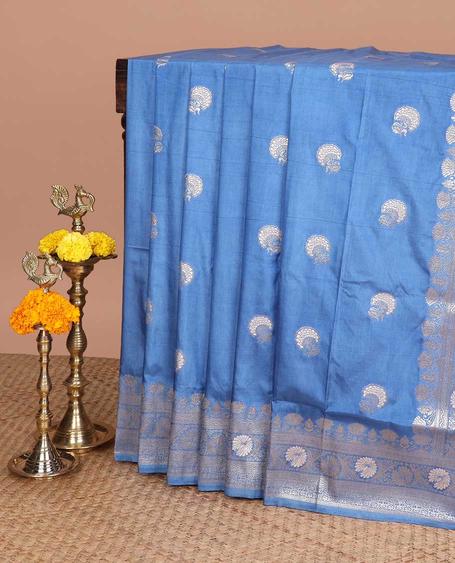 Sky blue neem zari butta dola silk saree with banaras border & rich pallu along with plain blouse