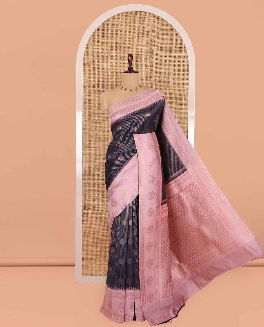 Navy Blue Kanchi Silk Saree, Accentuated with Zari Buttas and Stripes, Contrast Traditional Zari Border, Jaal Pallu, a Contrast Blouse