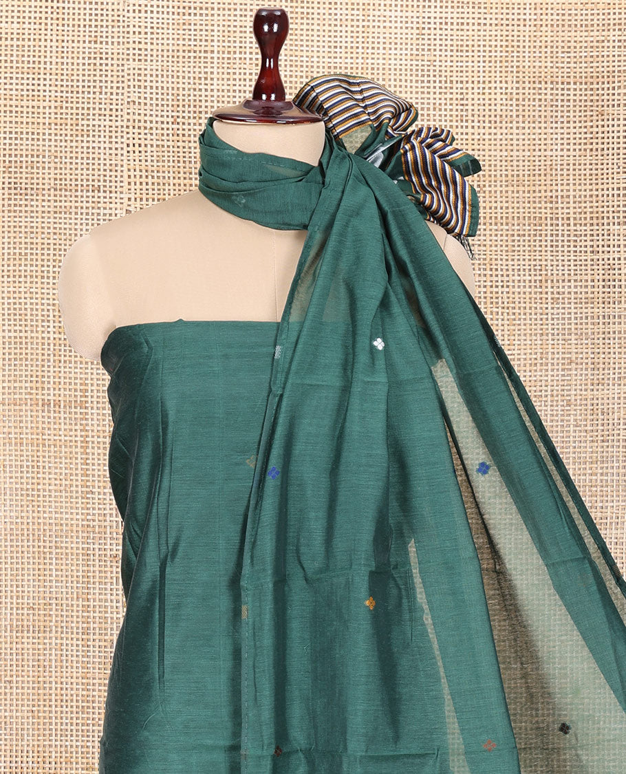 Green Mul Chanderi Material Churidar Features Jamdani-Style Meena Buttas Top, a Plain Bottom, and a Jamdani-Style Dupatta