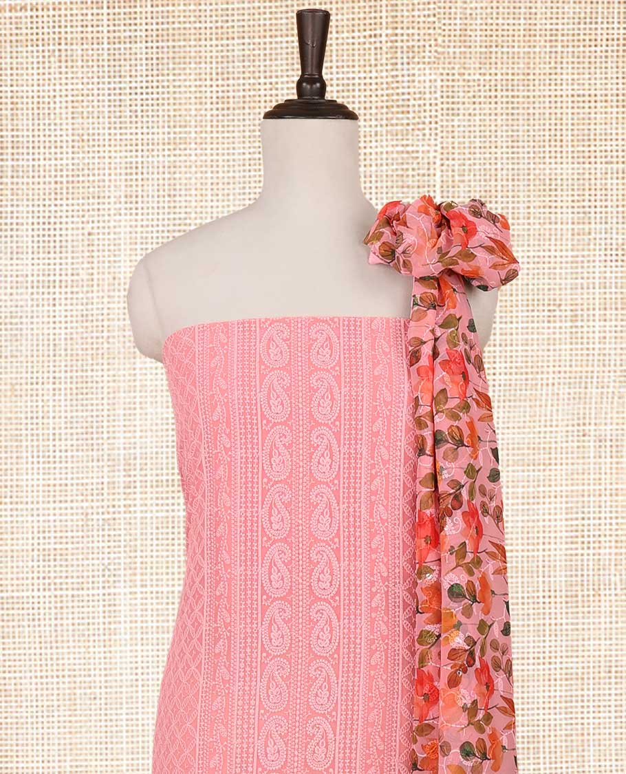 Peach shifli lucknowi embroidery mango design georgette chudidhar material top with american crepe pant & floral digital print, sequins embroider dupatta
