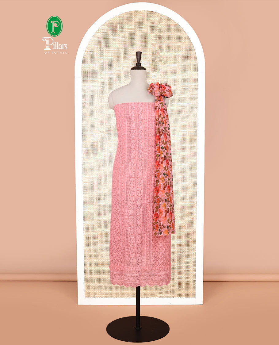 Peach shifli lucknowi embroidery mango design georgette chudidhar material top with american crepe pant & floral digital print, sequins embroider dupatta