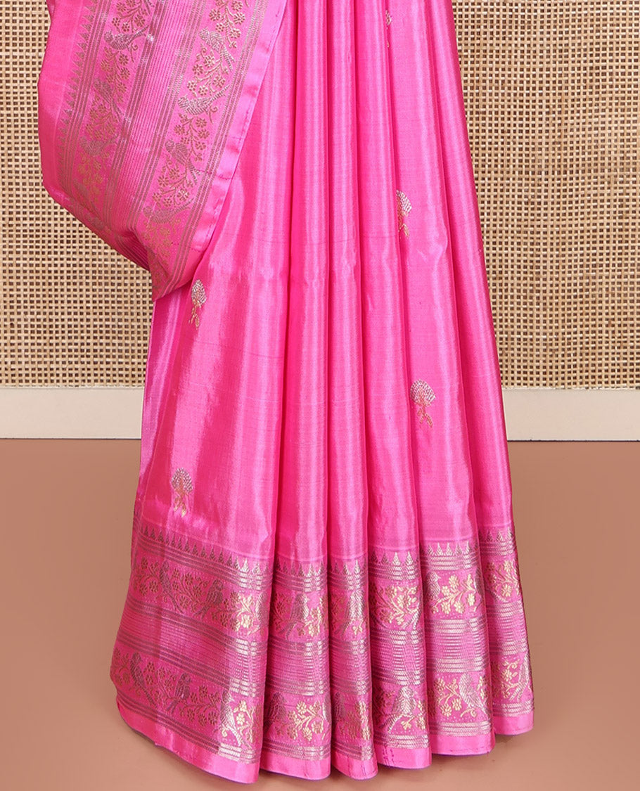 Pink Venkatagiri Silk Saree, Woven with Zari Butta and Chevron Stripes All Over Its Body, Highlighted by a Traditional Zari Border, Pallu of Rudraksham Designs, and Paired with a Matching Blouse