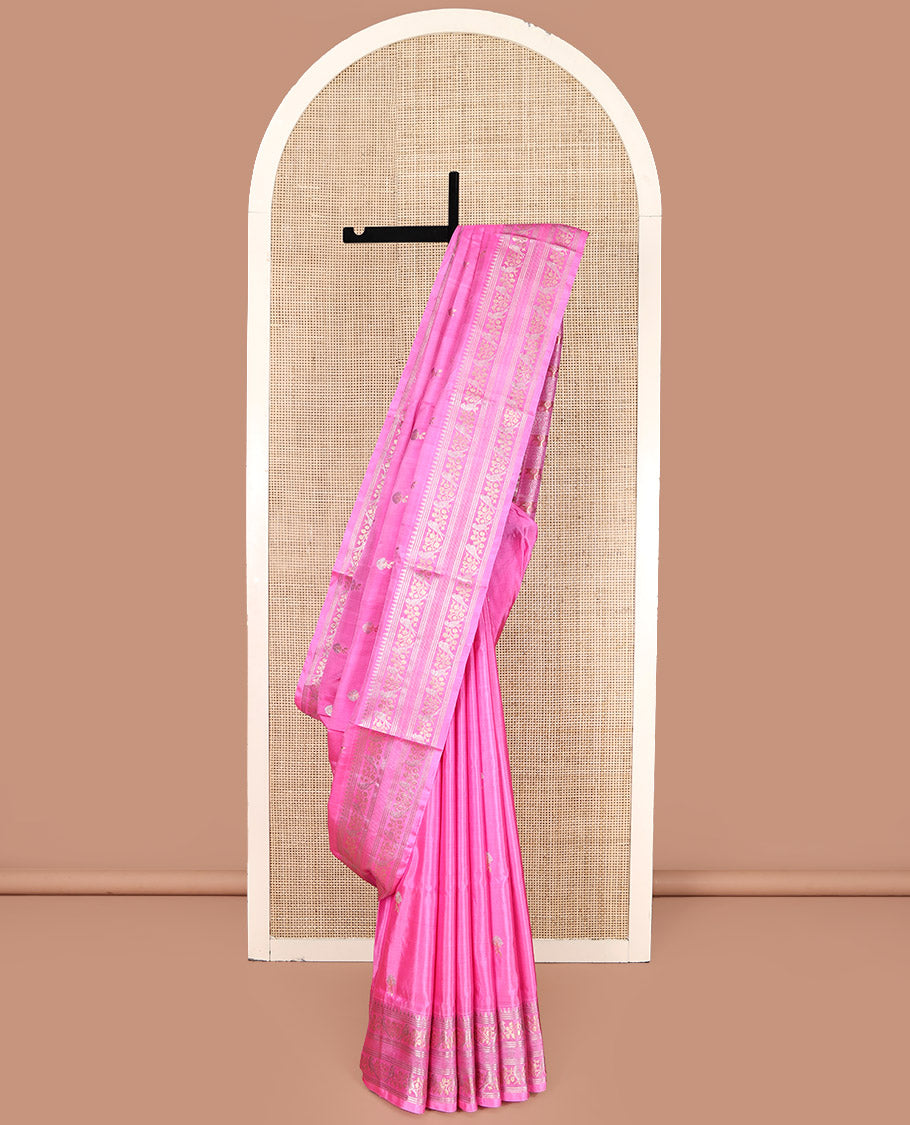 Pink Venkatagiri Silk Saree, Woven with Zari Butta and Chevron Stripes All Over Its Body, Highlighted by a Traditional Zari Border, Pallu of Rudraksham Designs, and Paired with a Matching Blouse