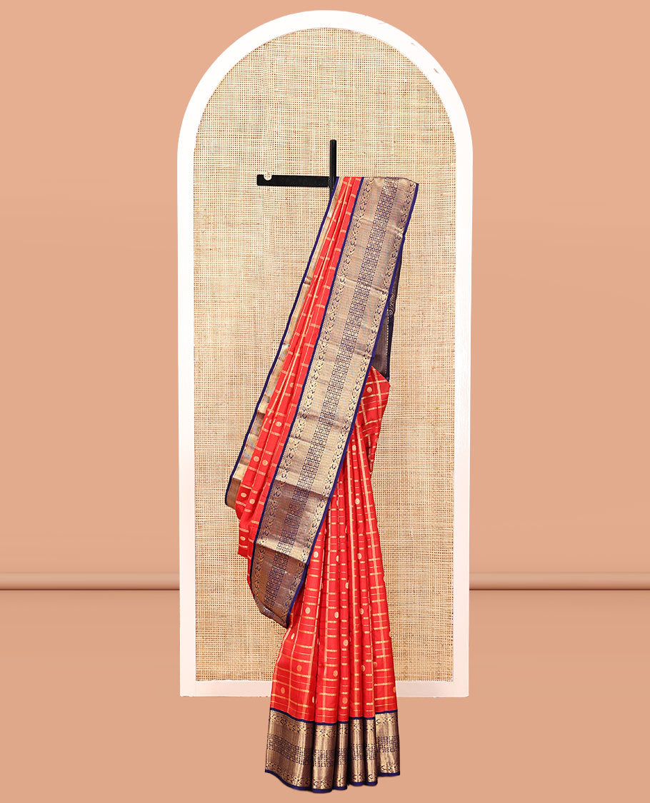 Orange Vasundhara Silk Saree, Enthralled with Zari Butta Enclosed Checks, a Contrast Traditional Zari Border, Grand Jaal Pallu, and a Contrast Blouse