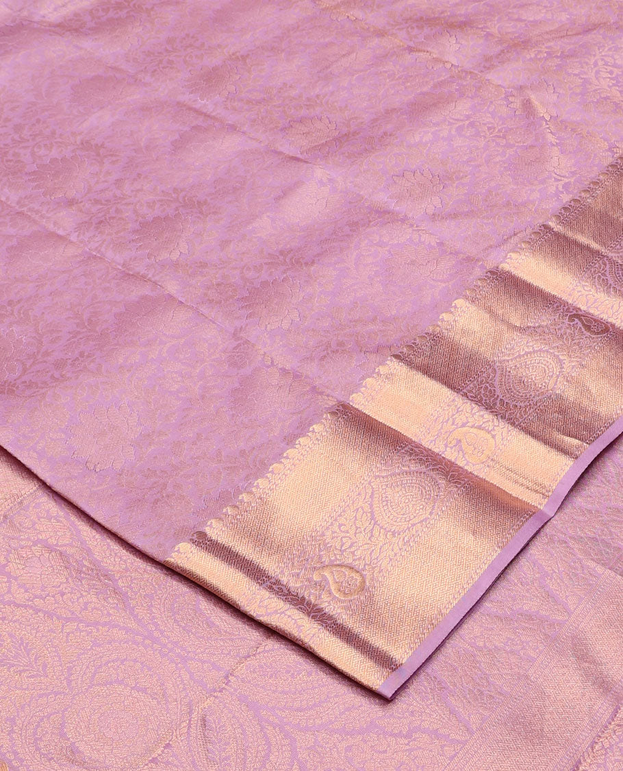 Pink floral jacquard Kanchipuram wedding silk saree, zari border of manga mokku, kodi visiry, and jaal designs, and intricate pallu