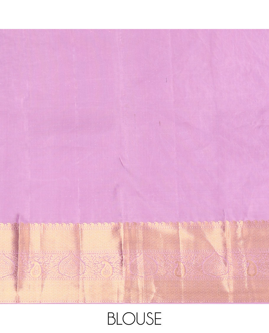 Pink floral jacquard Kanchipuram wedding silk saree, zari border of manga mokku, kodi visiry, and jaal designs, and intricate pallu