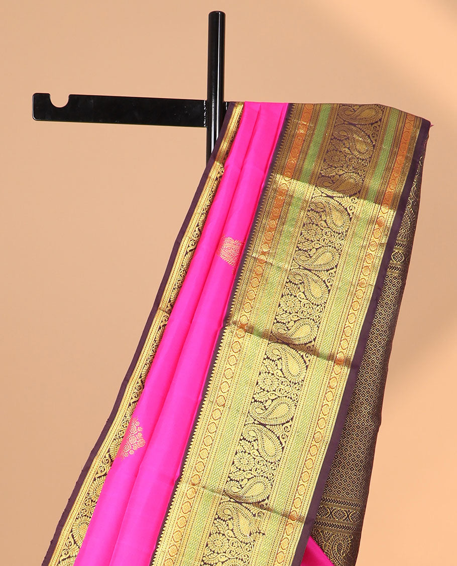 Pink buttas kancheepuram silk saree with contrast korvai border of rekku, banaras, poo chakram, manga design & floral zari design pallu
