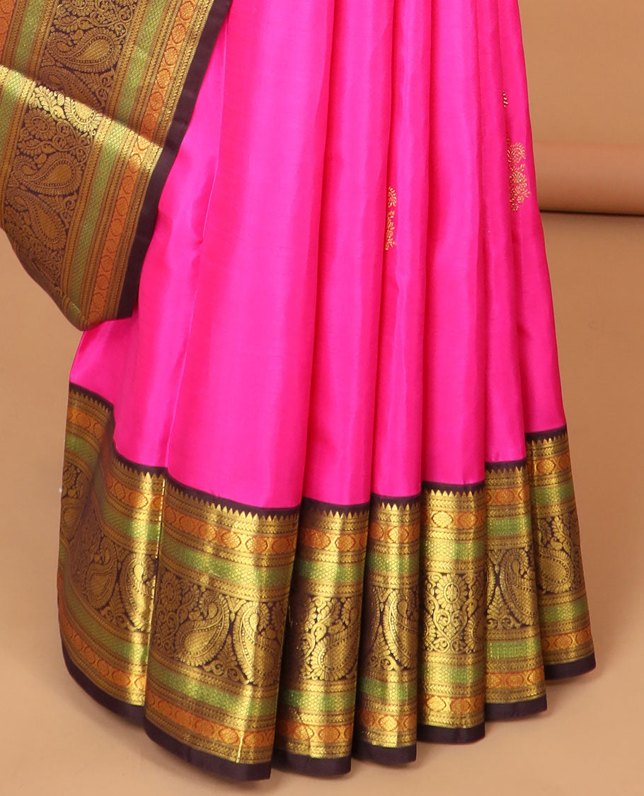 Pink buttas kancheepuram silk saree with contrast korvai border of rekku, banaras, poo chakram, manga design & floral zari design pallu