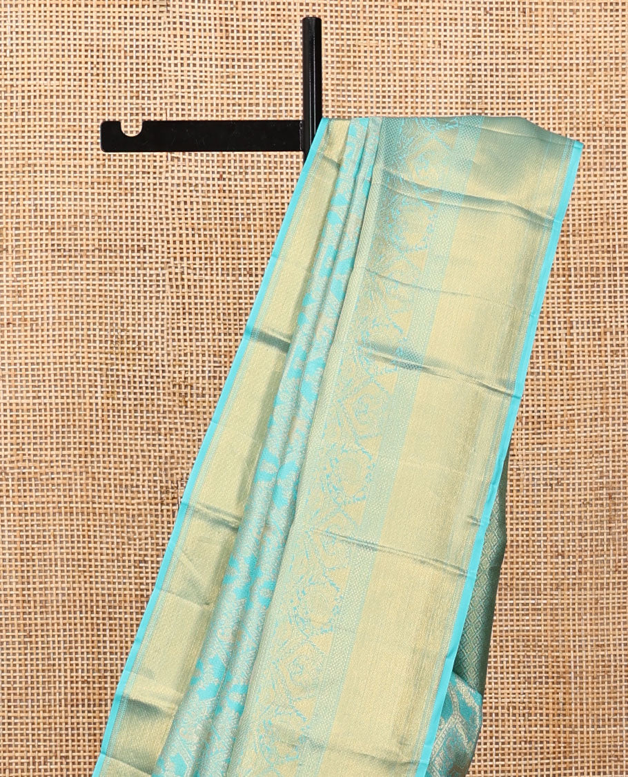 Blue Kanchipuram Tissue Silk Saree, Mesmerized with Jacquard Design, Highlighted by Zari Border of Thilakam, Muthu, Kathir, Mayil Kann, and Mayil, Grand Pallu, and Matching Blouse