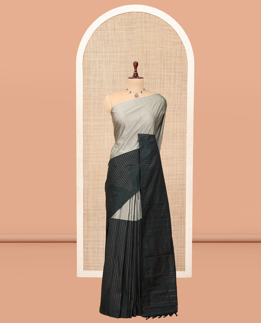 Borderless Black-Grey Arani Saree, Elevated with Zari Stripes, a Zari Design Pallu, and a Contrast Blouse