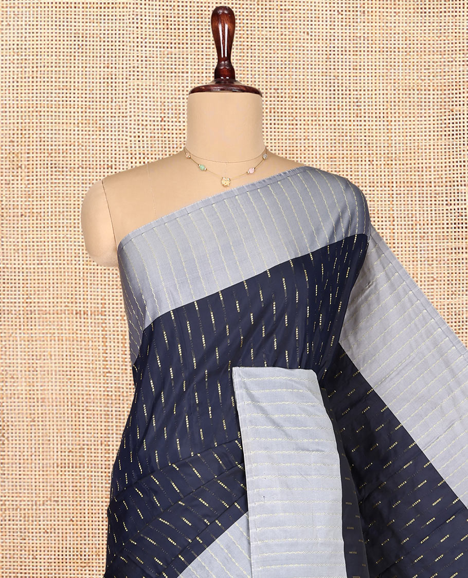 Blue Aarani Gift Saree, Woven with Zari Buttas on Its Body, Complemented by a Contrast Zig-Zag Striped Border, Subtle Striped Pallu, and Paired with a Matching Blouse