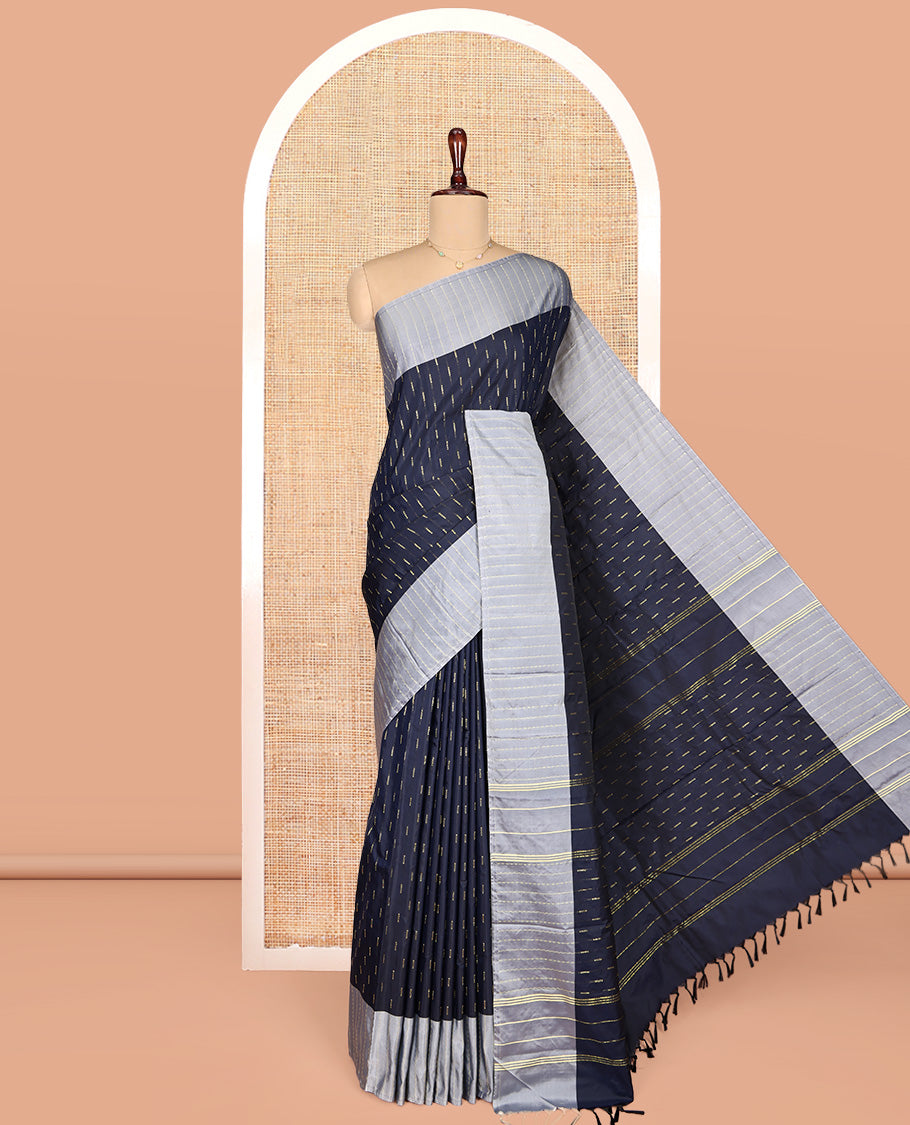 Blue Aarani Gift Saree, Woven with Zari Buttas on Its Body, Complemented by a Contrast Zig-Zag Striped Border, Subtle Striped Pallu, and Paired with a Matching Blouse