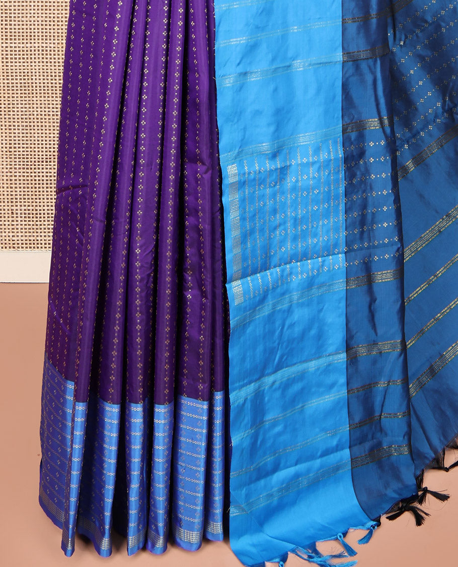 Violet Aarani Gift Saree, Steeped in Richness with Buttas on Its Body, Complemented by a Contrast Striped and Buttas Border, a Pallu of Stripes, and Paired with a Contrast Blouse