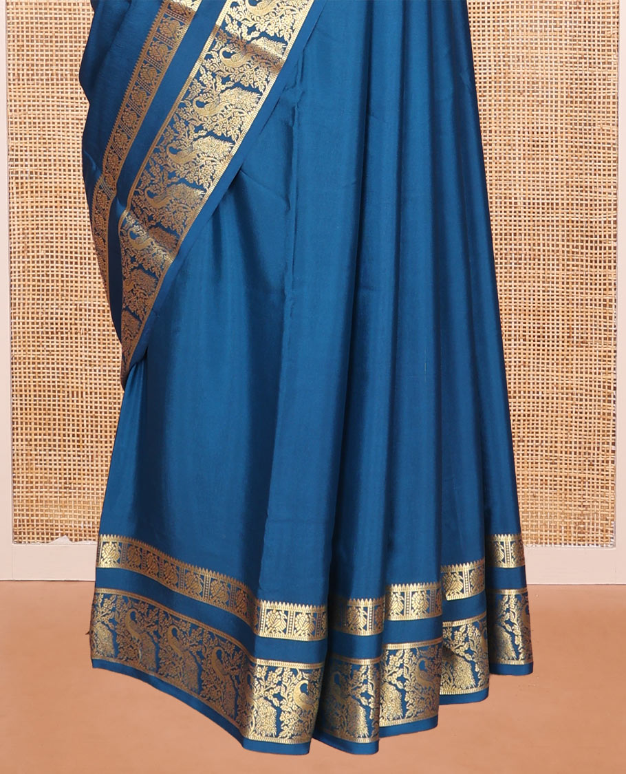 Peacock Blue Plain Mysore Silk Saree, Richly Detailed with Zari Border of Peacock Designs, Sparsely Woven Pallu of Stripes, and Paired with a Matching Blouse