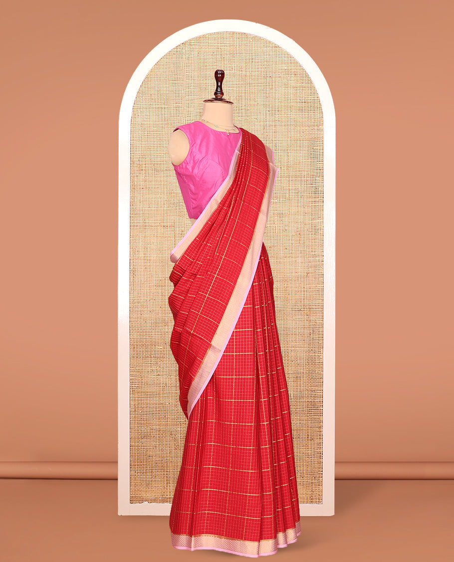 Red Mysore Silk Saree, Mesmerized with Zari Checked Design On Its Body, Complemented by Captivating Contrast Border of Traditional Zari Designs, Subtly Striped Pallu and Paired with a Contrast Blouse