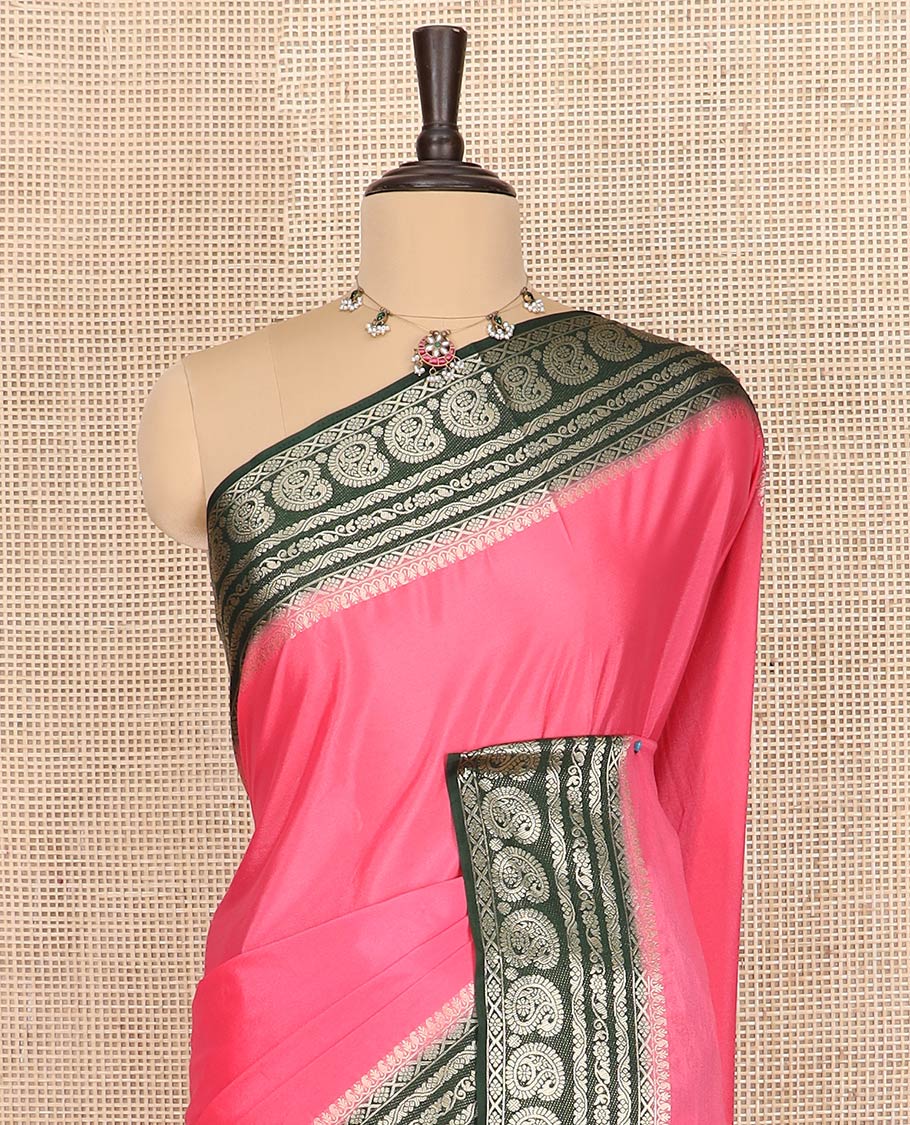 Pink plain art mysore silk saree, contrast traditional zari border of paisleys, and zari design pallu
