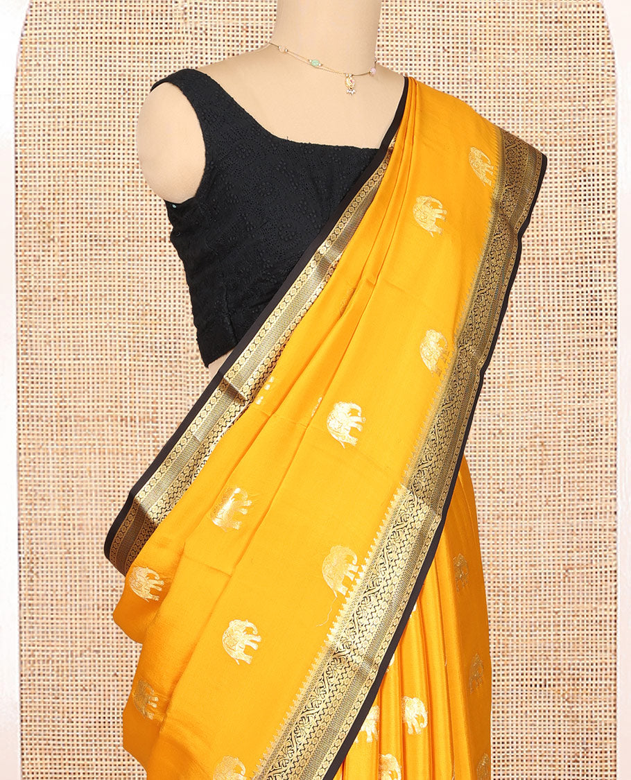 Yellow Mysore Silk Saree, Adorned with Elephant Buttas, Complemented by a Contrast Traditional Zari Border, Grand Pallu, and a Contrast Blouse