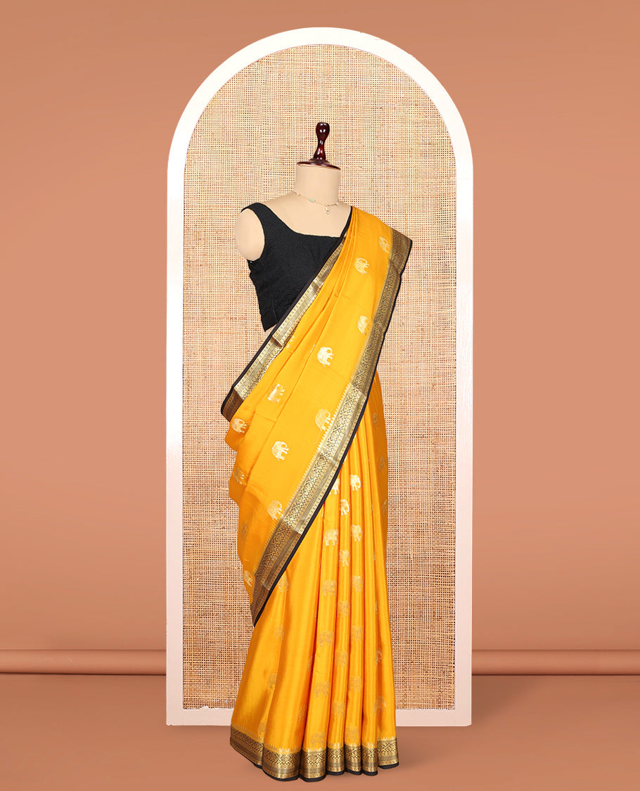 Yellow Mysore Silk Saree, Adorned with Elephant Buttas, Complemented by a Contrast Traditional Zari Border, Grand Pallu, and a Contrast Blouse