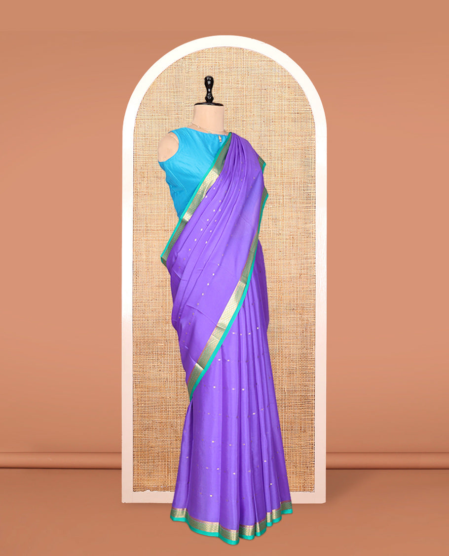 Lavender Mysore Silk Saree, Elevated with Zari Buttas, Complemented by a Contrast Traditional Zari Border, Zari Striped Pallu, and a Contrast Blouse