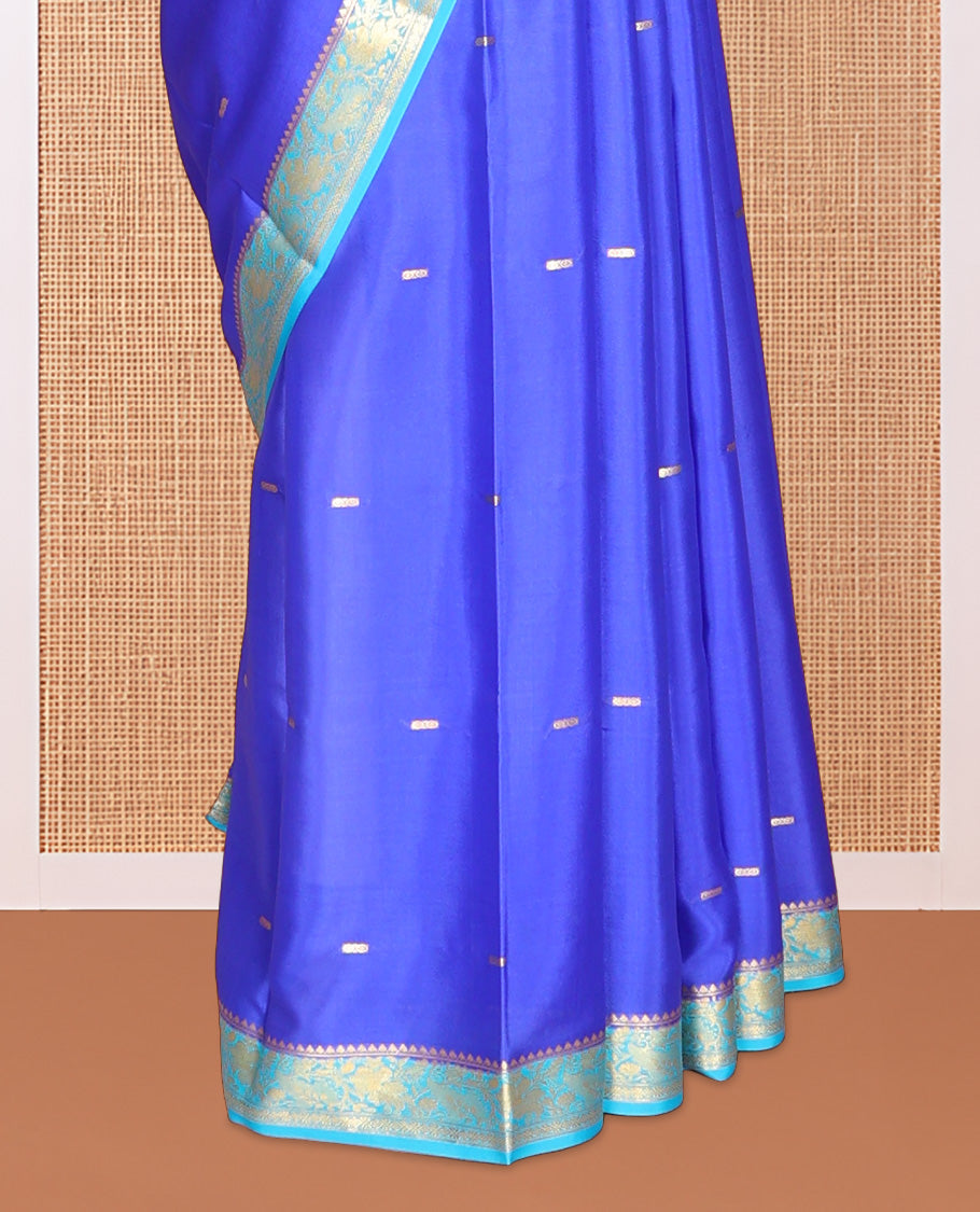 Royal Blue Zari Buttas Mysore Silk Saree, Complemented by a Contrast Floral Zari Border, Zari Design Pallu, and a Contrast Blouse